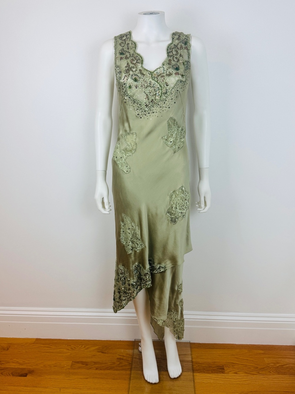 Vintage Alberto Makali Green Silk Beaded Sequin Lace Fairy Dress